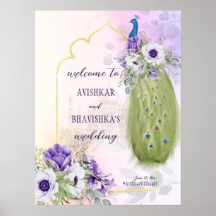 Paars bloemen vrek bruiloft welkom bord poster