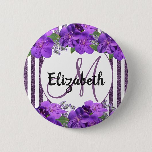 Paars bloemen witte glitter strepen monogram naam ronde button 5,7 cm (Voorkant)