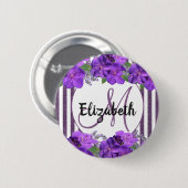 Paars bloemen witte glitter strepen monogram naam ronde button 5,7 cm (Voorkant /achterkant)