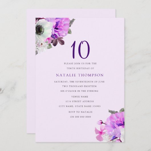  Paars Bloemenmeisje 10e verjaardag Uitnodiging (Voorkant / Achterkant)