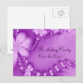 Paars Bloemensierad, Verjaardagsfeest Aankondigingskaart (Voorkant / Achterkant)