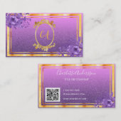 Paars bloemgoud glitter monogram QR-code Visitekaartje (Voorkant / Achterkant)