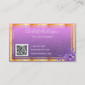 Paars bloemgoud glitter monogram QR-code Visitekaartje (Achterkant)