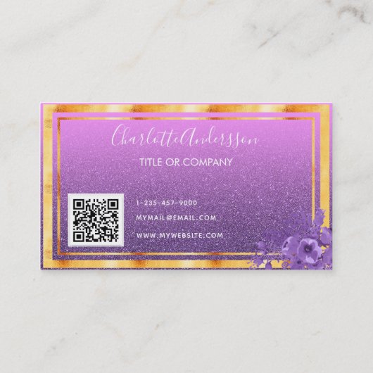 Paars bloemgoud glitter monogram QR-code Visitekaartje (Achterkant)