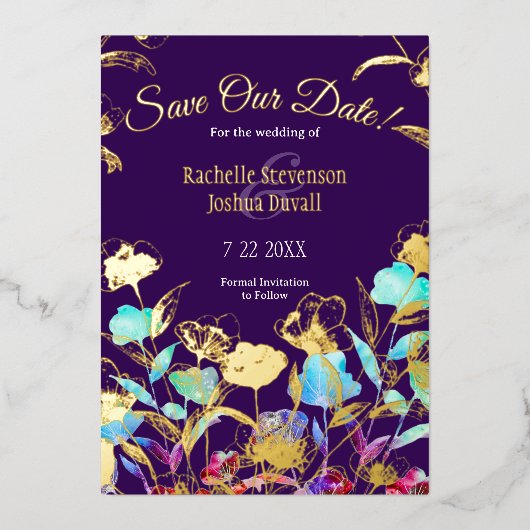 Paars Bloemig Huwelijk Opslagkaart voor "Save the  Folie Uitnodiging (Voorkant)