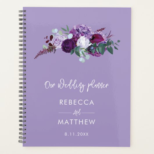Paars Bloemig Waterverf Schrift Trouwparen Planner (Voorkant)