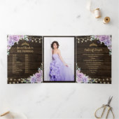 Paars bloemmotief betoverd bos Quinceañera-program Drieluik Uitnodiging (Binnen)