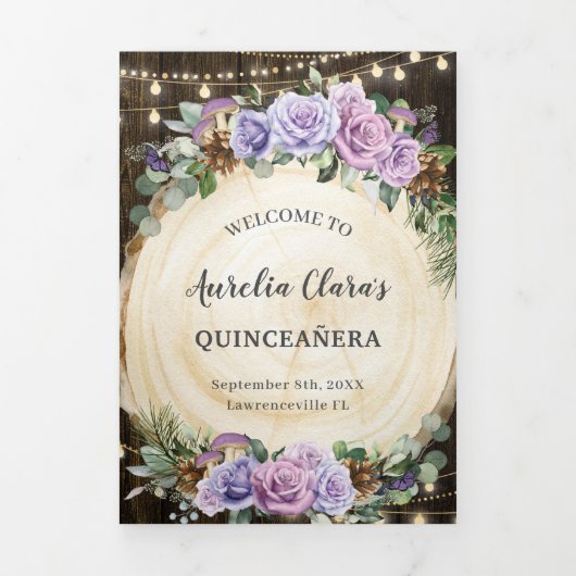 Paars bloemmotief betoverd bos Quinceañera-program Drieluik Uitnodiging (Cover)