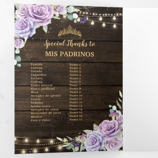 Paars bloemmotief betoverd bos Quinceañera-program Drieluik Uitnodiging (Binnenzijde eerst)