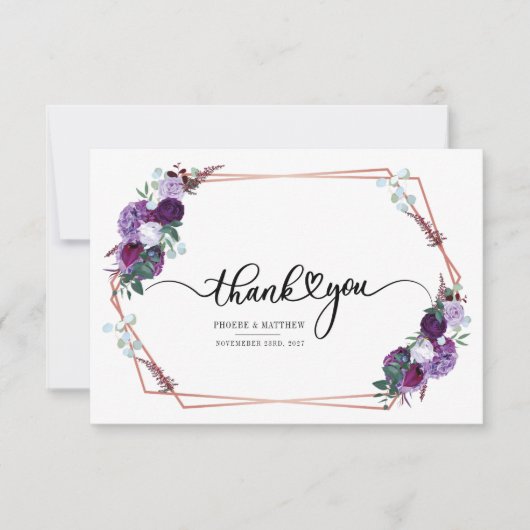 Paars bloemmotief geometrische gouden lijst met bu bedankkaart (Voorkant)