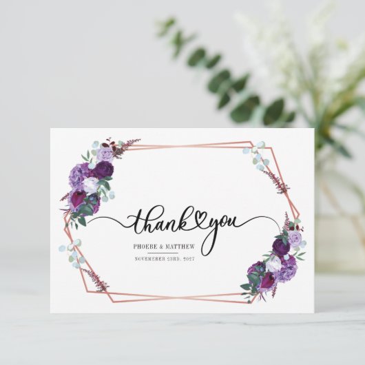 Paars bloemmotief geometrische gouden lijst met bu bedankkaart (Staand voorkant)