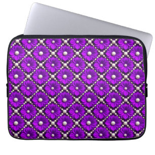 Paars Bloemmotief Met Parel Kralen Laptop Sleeve