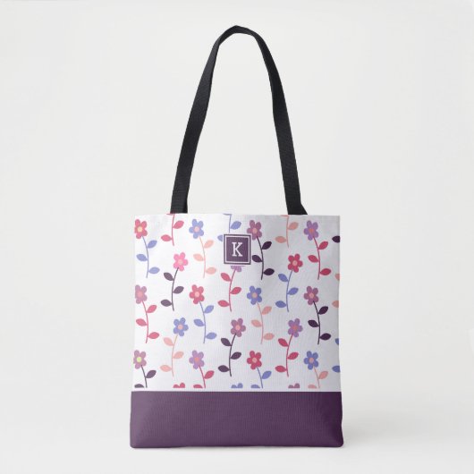 Paars bloempatroon met monogram tote bag (Voorkant)