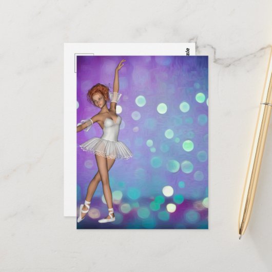 Paars & Blue Bokeh Background & Ballerina Briefkaart (Voorkant / Achterkant in situ)