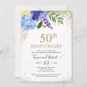 Paars Blue Floral Gold 50th Wedding Jubileum Kaart (Voorkant)