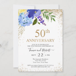 Paars Blue Floral Gold 50th Wedding Jubileum Kaart