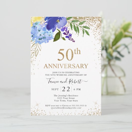Paars Blue Floral Gold 50th Wedding Jubileum Kaart (Staand voorkant)