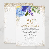 Paars Blue Floral Gold 50th Wedding Jubileum Kaart (Voorkant / Achterkant)