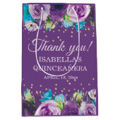 Paars Blue Floral Gold Quinceañera Medium Cadeauzakje (Voorkant)
