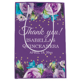 Paars Blue Floral Gold Quinceañera Medium Cadeauzakje