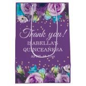 Paars Blue Floral Gold Quinceañera Medium Cadeauzakje (Achterkant)