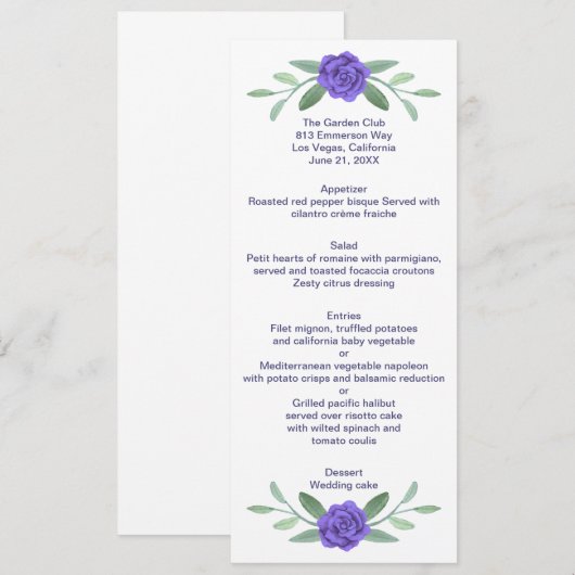 Paars Blue Floral Greenery Foliage Wedding Menu (Voorkant / Achterkant)