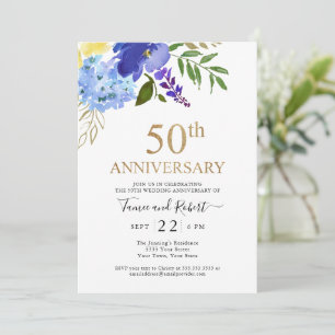 Paars Blue Gold 50th Wedding Invitation Kaart