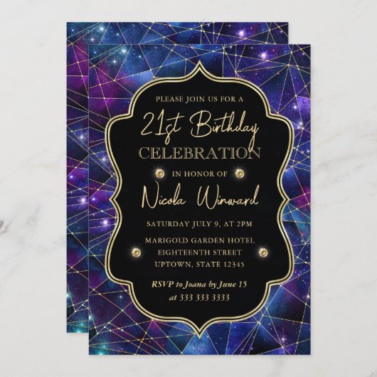 Paars Blue Midnight Crystal Galaxy 21st Birthday Kaart (Voorkant / Achterkant)