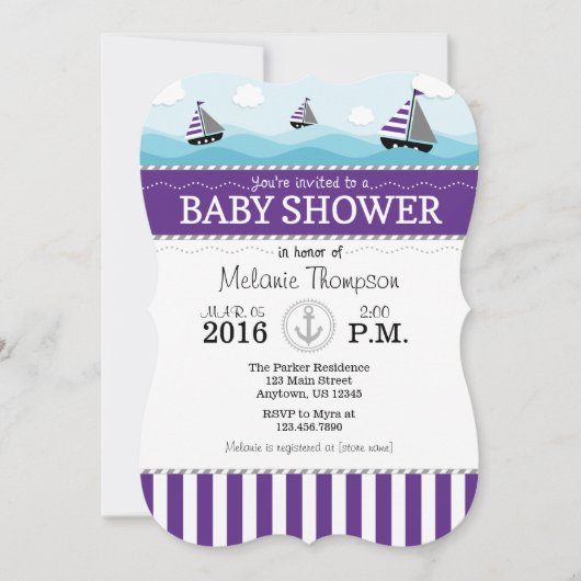 Paars Blue Nautical Baby shower Invitation Kaart (Voorkant)