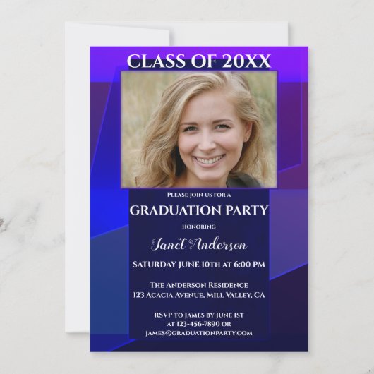 Paars Blue Neon Geometric Photo Afstuderen Kaart (Voorkant)
