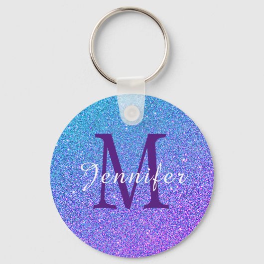 Paars Blue Ombre Glitter Sparkles Monogram Sleutelhanger (Voorkant)