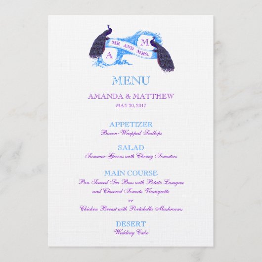 Paars, Blue Peacock Wedding Menu (Voorkant)
