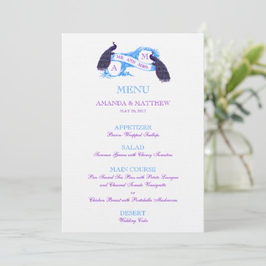 Paars, Blue Peacock Wedding Menu (Staand voorkant)