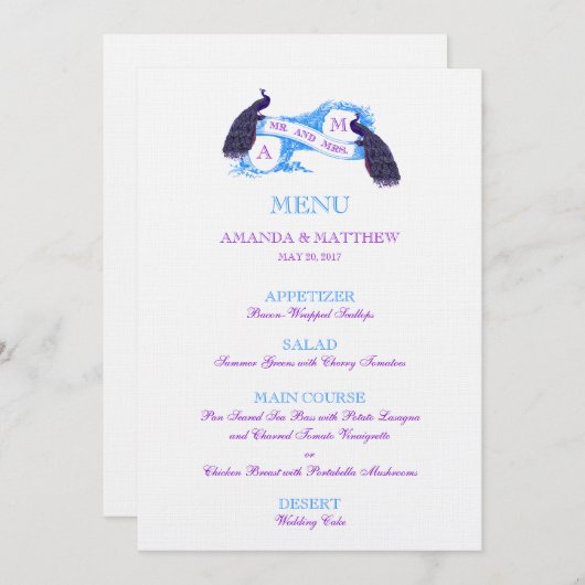 Paars, Blue Peacock Wedding Menu (Voorkant / Achterkant)
