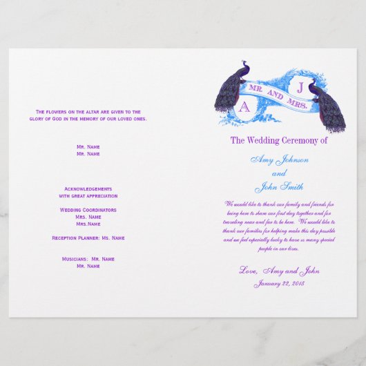 Paars Blue  Peacock Wedding Programme (Voorkant)