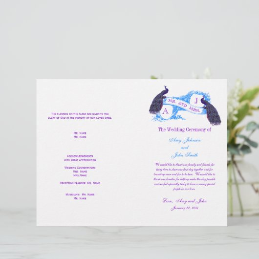Paars Blue  Peacock Wedding Programme (Staand voorkant)