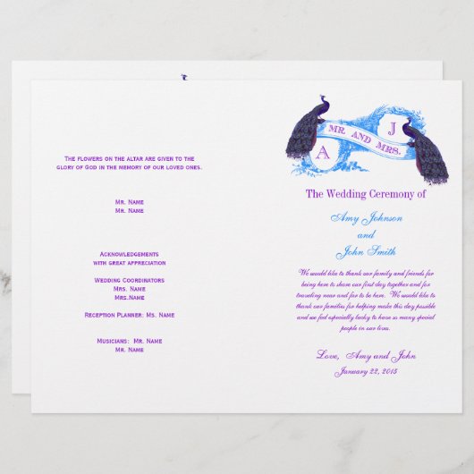 Paars Blue  Peacock Wedding Programme (Voorkant / Achterkant)
