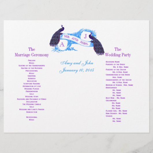 Paars Blue  Peacock Wedding Programme (Achterkant)
