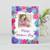 Paars Blue Pink Floral Foto Moederdag Kaart (Staand voorkant)