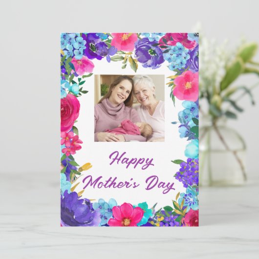 Paars Blue Pink Floral Foto Moederdag Kaart (Staand voorkant)