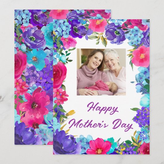 Paars Blue Pink Floral Foto Moederdag Kaart (Voorkant / Achterkant)