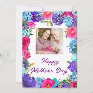Paars Blue Pink Floral Foto Moederdag Kaart