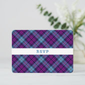 Paars Blue Scottish Tartan Pset Wedding RSVP Kaartje (Staand voorkant)