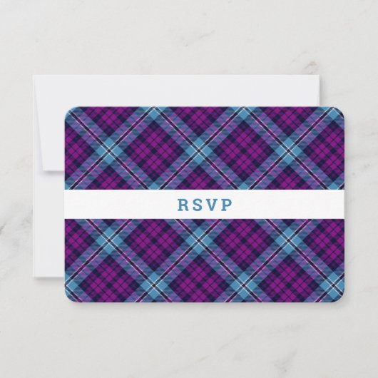 Paars Blue Scottish Tartan Pset Wedding RSVP Kaartje (Voorkant)