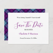 Paars Blue Scottish Tartan Pset Wedding Save The Date (Voorkant / Achterkant)