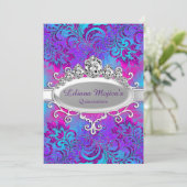 Paars Blue Tiara en Glitter Floral Quinceanera Kaart (Staand voorkant)