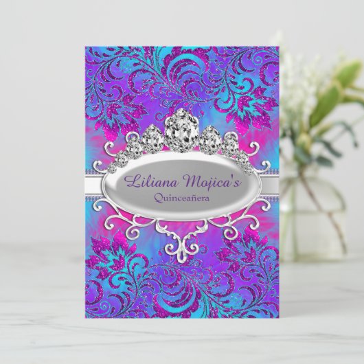 Paars Blue Tiara en Glitter Floral Quinceanera Kaart (Staand voorkant)
