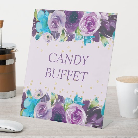 Paars Blue Waterverf Floral Snoep Buffet Reclamebord Met Voetstuk (Insitu)