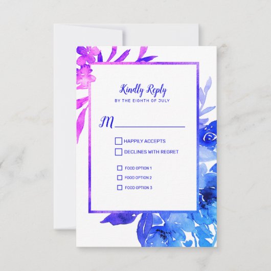 Paars Blue Waterverf Floral Wedding RSVP Kaart (Voorkant)