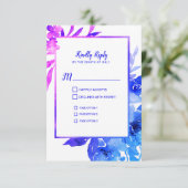 Paars Blue Waterverf Floral Wedding RSVP Kaart (Staand voorkant)